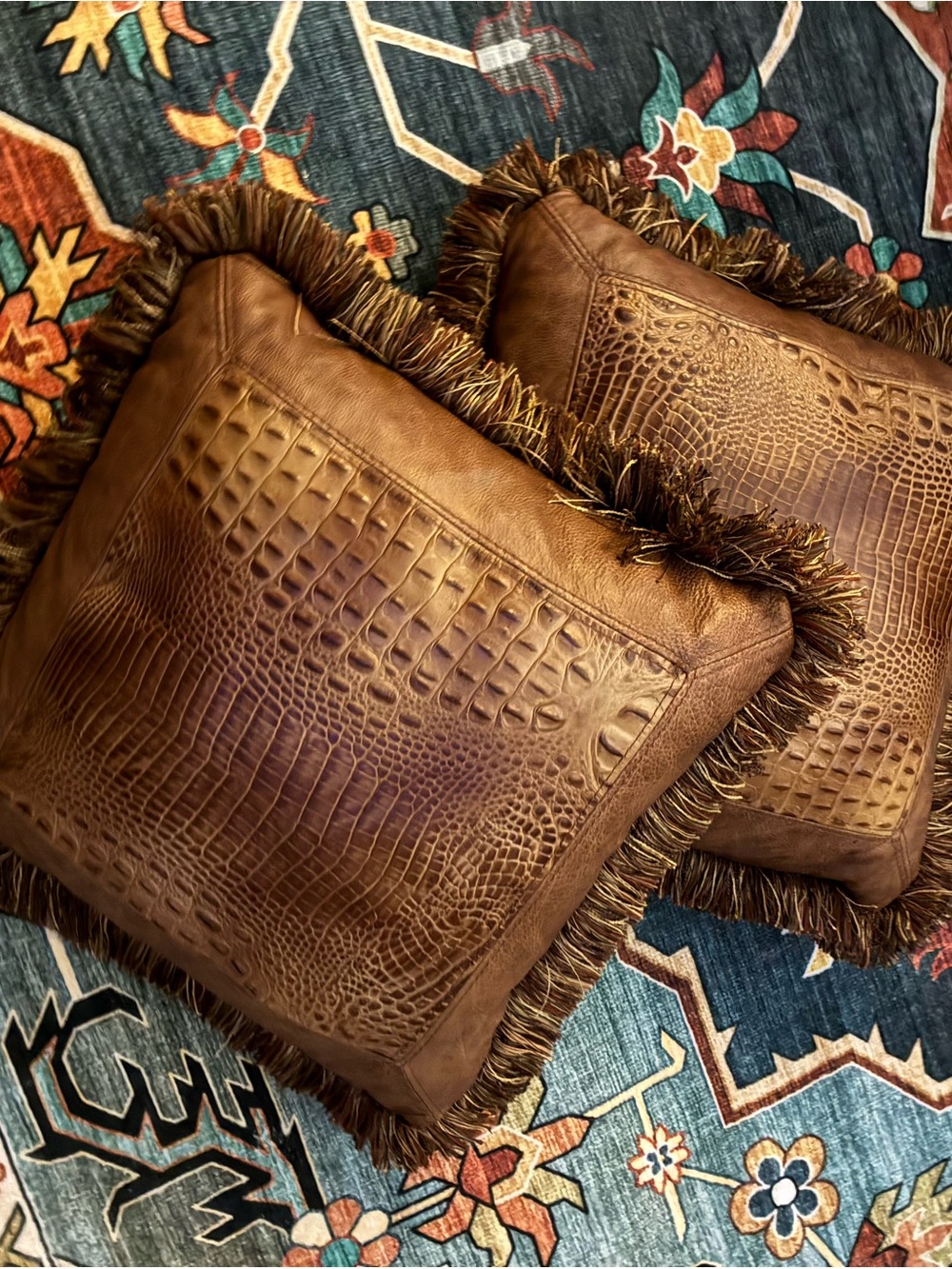 2 Premium Faux Croc Leather Fringe Accent Pillow - Brown